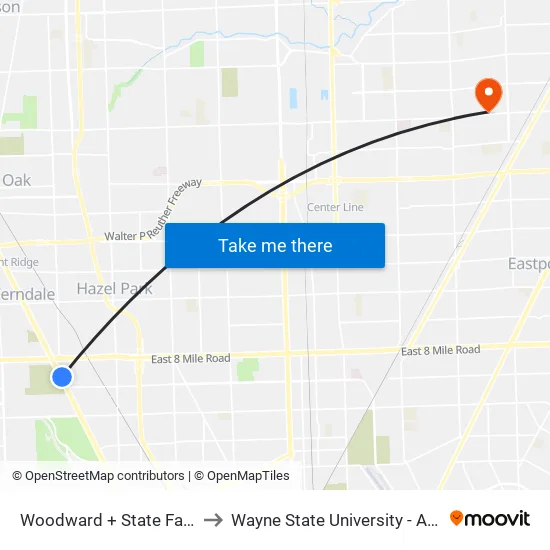 Woodward + State Fairgrounds Pickup to Wayne State University - Advanced Technology map