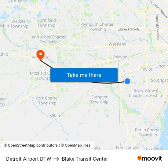 Detroit Airport DTW to Blake Transit Center map