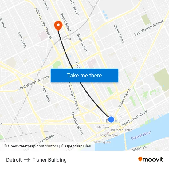 Detroit to Fisher Building map