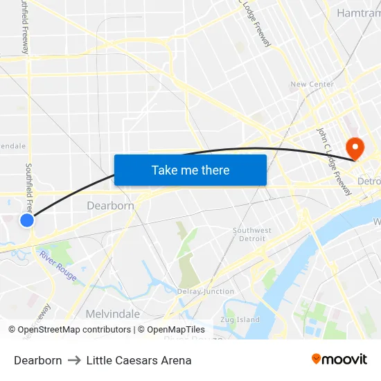 Dearborn to Little Caesars Arena map