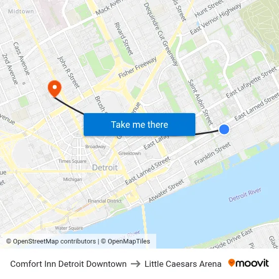 Comfort Inn Detroit Downtown to Little Caesars Arena map