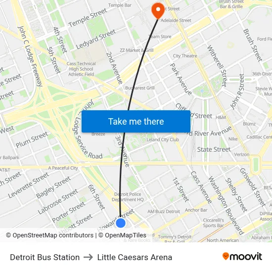 Detroit Bus Station to Little Caesars Arena map