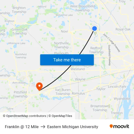 Franklin & 12 Mile to Eastern Michigan University map