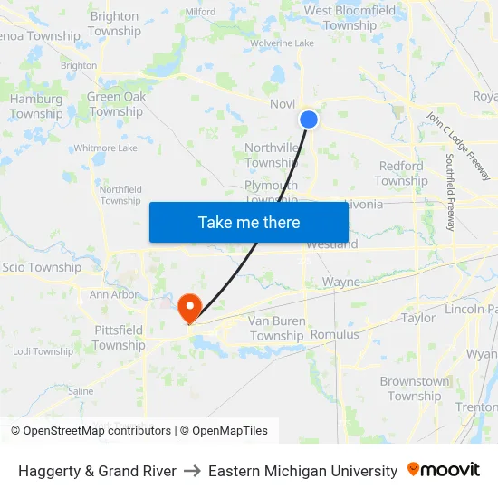Haggerty & Grand River to Eastern Michigan University map