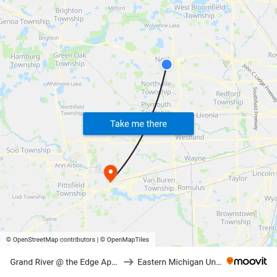 Grand River @ the Edge Apartments to Eastern Michigan University map