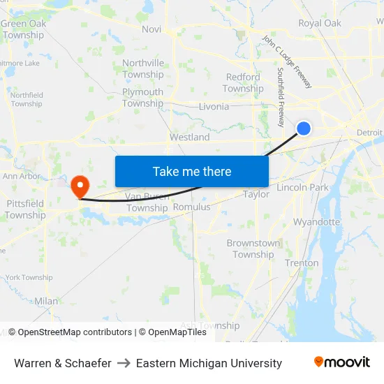 Warren & Schaefer to Eastern Michigan University map