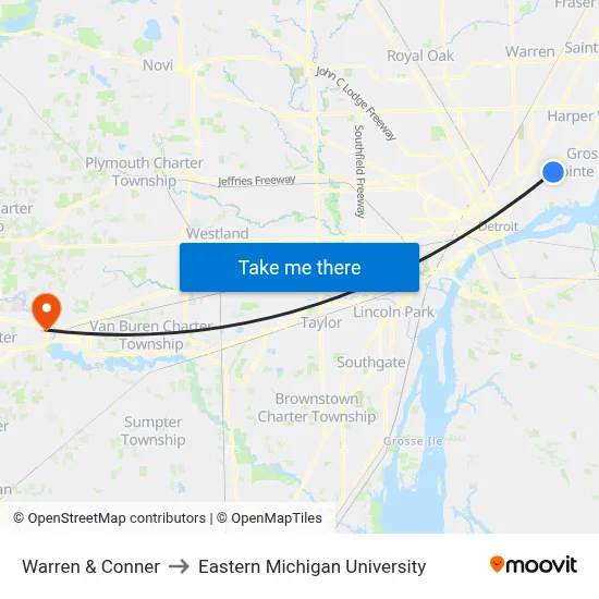 Warren & Conner to Eastern Michigan University map