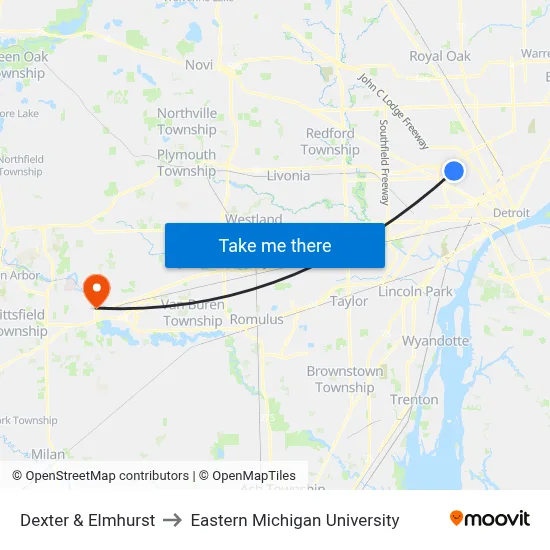 Dexter & Elmhurst to Eastern Michigan University map