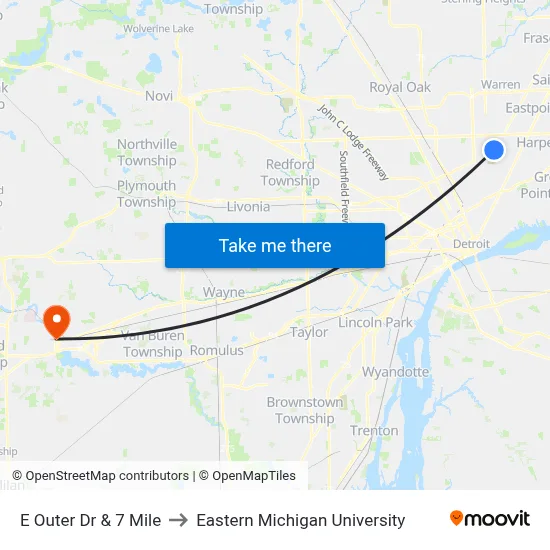 E Outer Dr & 7 Mile to Eastern Michigan University map
