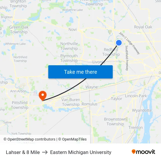 Lahser & 8 Mile to Eastern Michigan University map