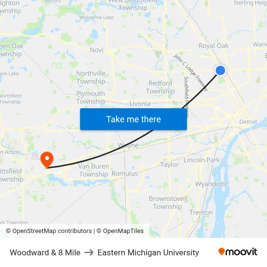 Woodward & 8 Mile to Eastern Michigan University map