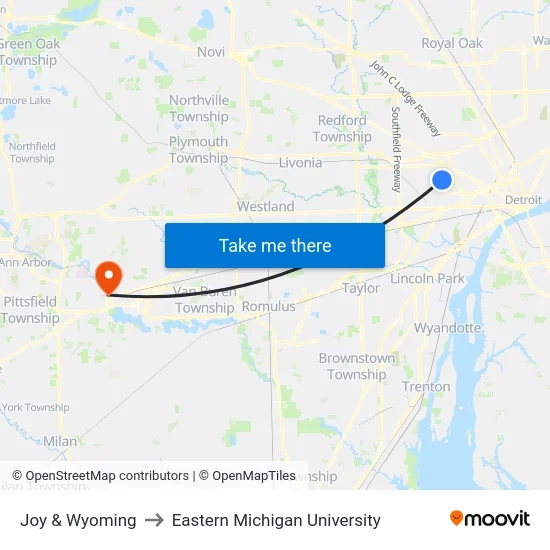 Joy & Wyoming to Eastern Michigan University map