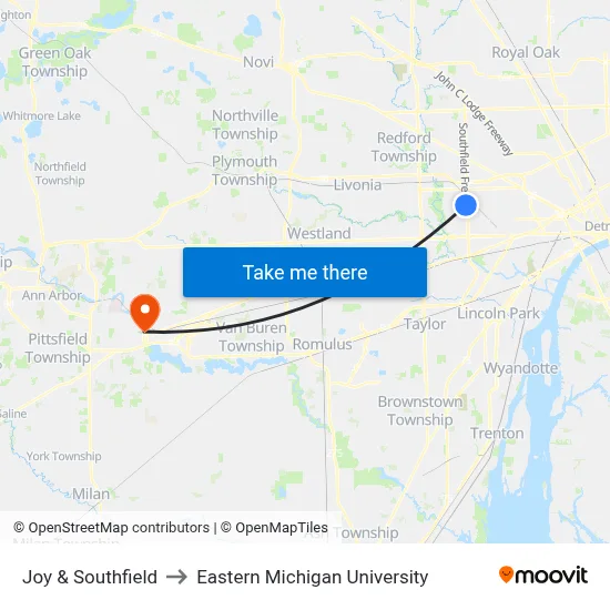 Joy & Southfield to Eastern Michigan University map