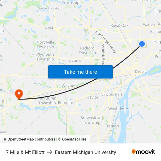 7 Mile & Mt Elliott to Eastern Michigan University map