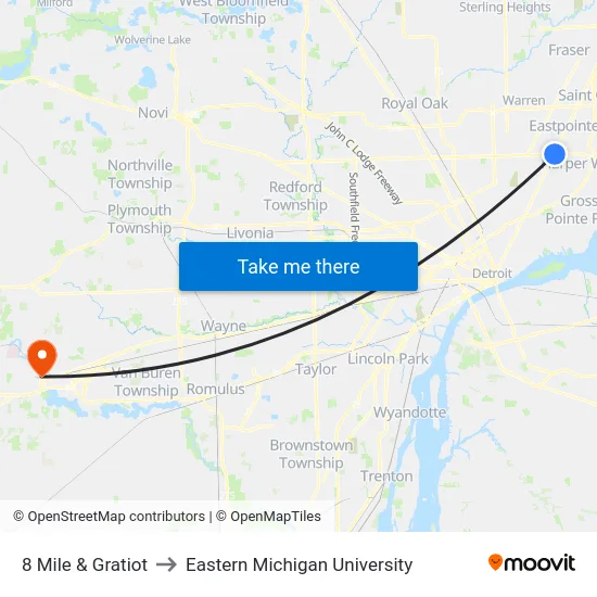 8 Mile & Gratiot to Eastern Michigan University map