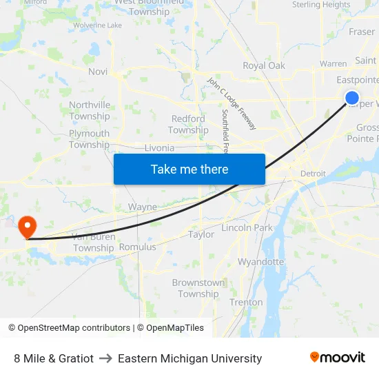 8 Mile & Gratiot to Eastern Michigan University map