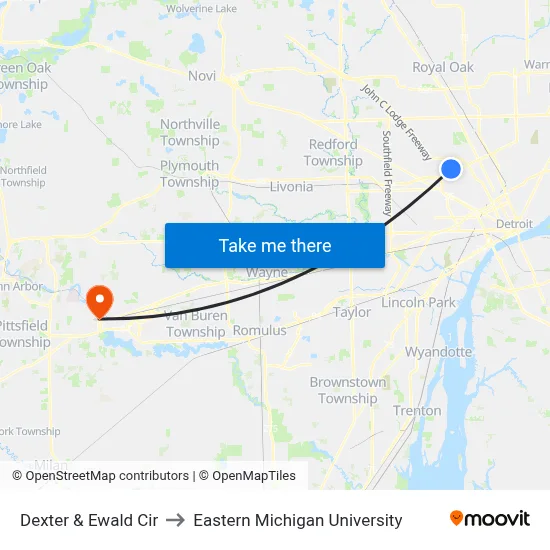 Dexter & Ewald Cir to Eastern Michigan University map