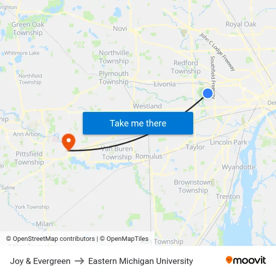Joy & Evergreen to Eastern Michigan University map