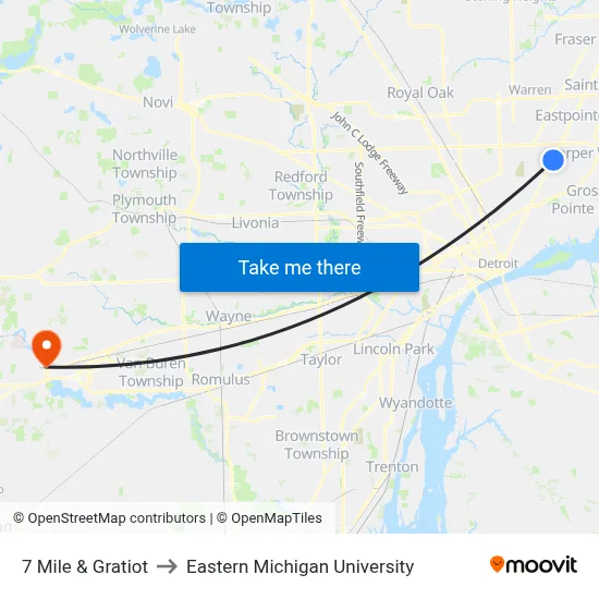 7 Mile & Gratiot to Eastern Michigan University map