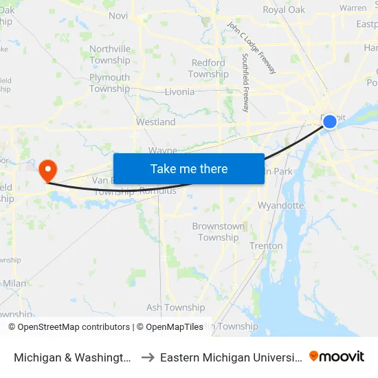 Michigan & Washington to Eastern Michigan University map