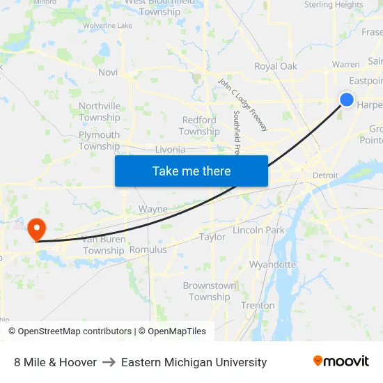 8 Mile & Hoover to Eastern Michigan University map