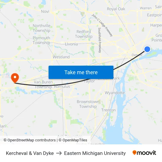 Kercheval & Van Dyke to Eastern Michigan University map