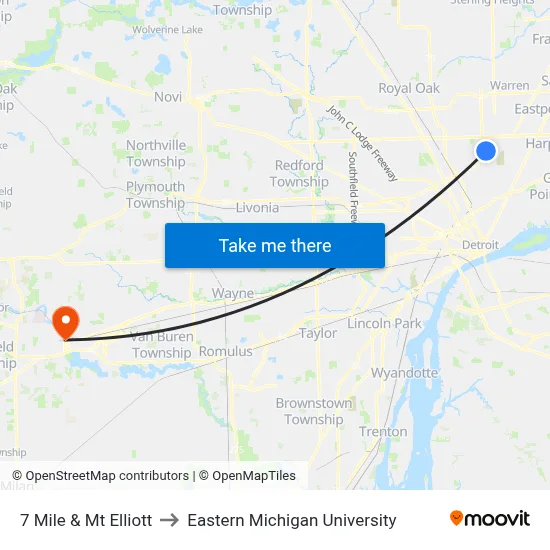 7 Mile & Mt Elliott to Eastern Michigan University map