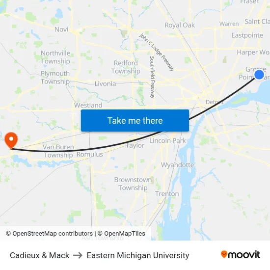 Cadieux & Mack to Eastern Michigan University map