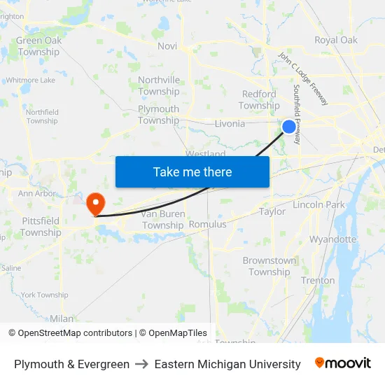 Plymouth & Evergreen to Eastern Michigan University map