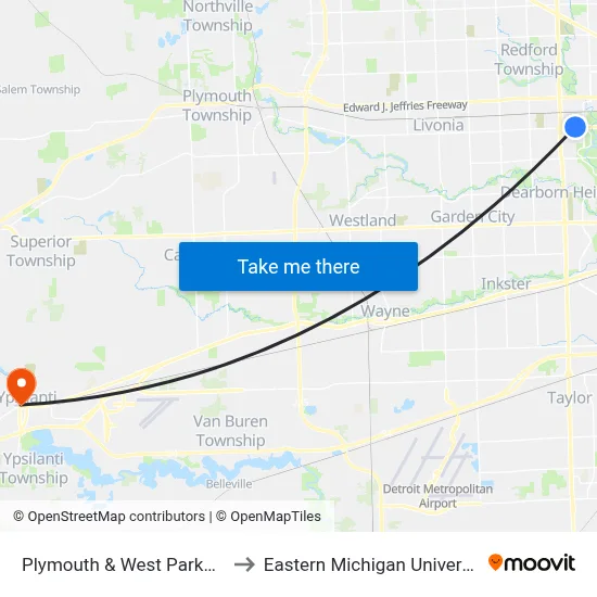 Plymouth & West Parkway to Eastern Michigan University map