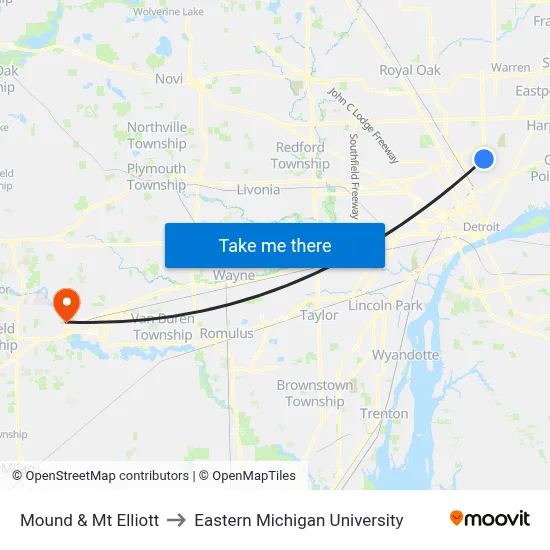 Mound & Mt Elliott to Eastern Michigan University map