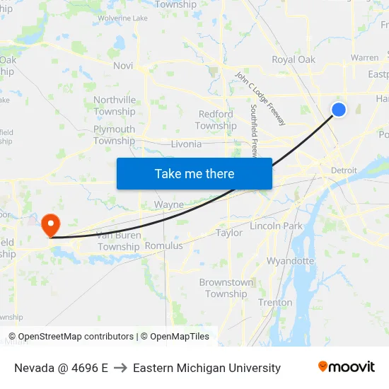 Nevada @ 4696 E to Eastern Michigan University map