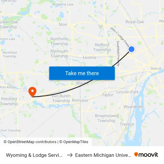 Wyoming & Lodge Service Dr to Eastern Michigan University map