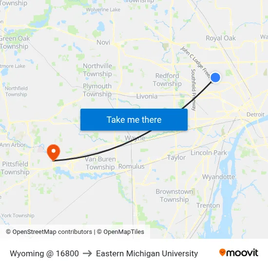 Wyoming @ 16800 to Eastern Michigan University map