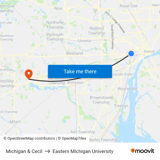 Michigan & Cecil to Eastern Michigan University map