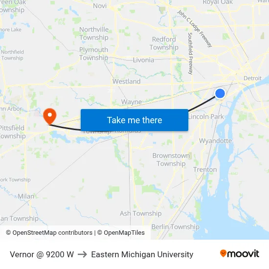 Vernor @ 9200 W to Eastern Michigan University map