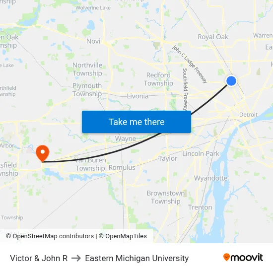 Victor & John R to Eastern Michigan University map