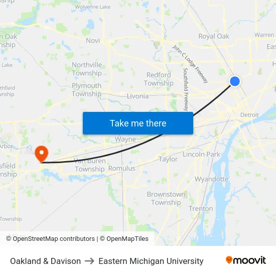 Oakland & Davison to Eastern Michigan University map