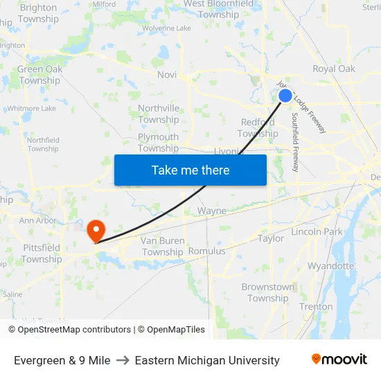 Evergreen & 9 Mile to Eastern Michigan University map
