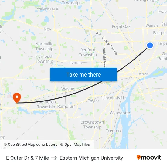 E Outer Dr & 7 Mile to Eastern Michigan University map