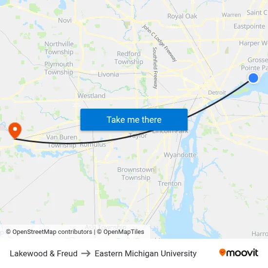 Lakewood & Freud to Eastern Michigan University map