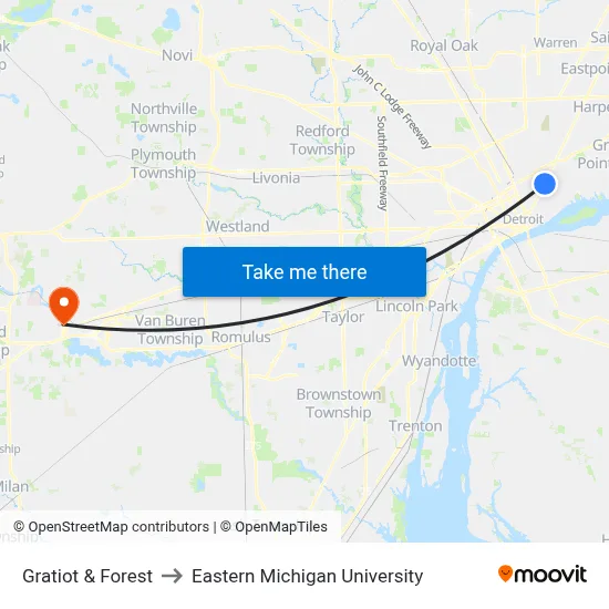 Gratiot & Forest to Eastern Michigan University map