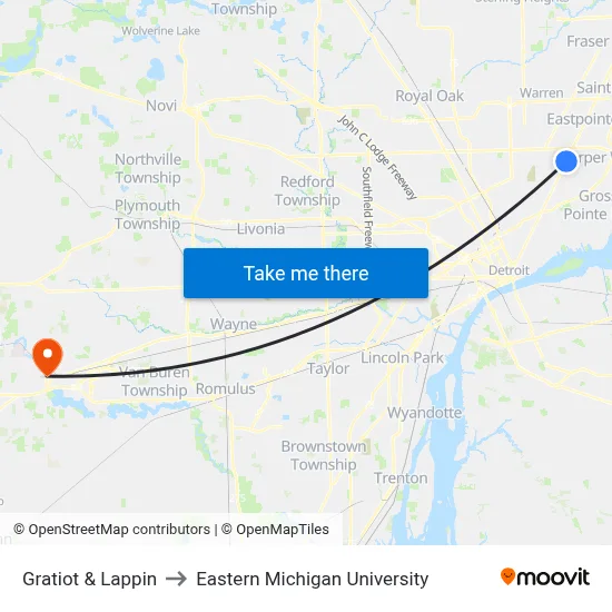 Gratiot & Lappin to Eastern Michigan University map