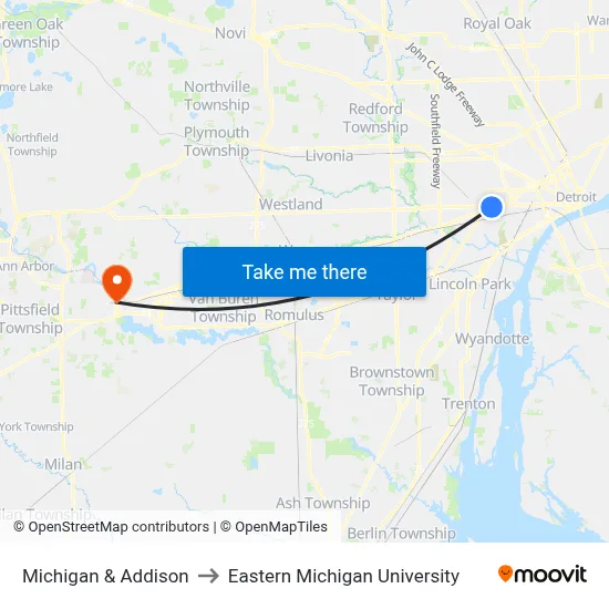 Michigan & Addison to Eastern Michigan University map
