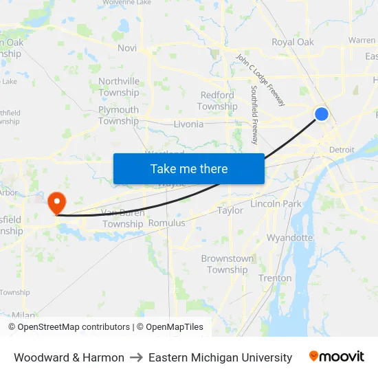 Woodward & Harmon to Eastern Michigan University map