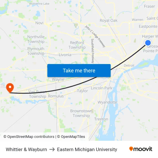 Whittier & Wayburn to Eastern Michigan University map