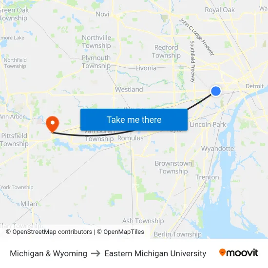 Michigan & Wyoming to Eastern Michigan University map