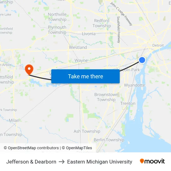 Jefferson & Dearborn to Eastern Michigan University map