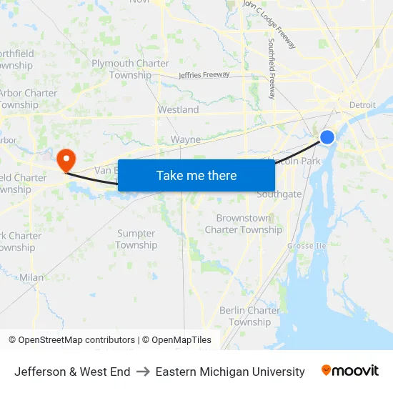 Jefferson & West End to Eastern Michigan University map