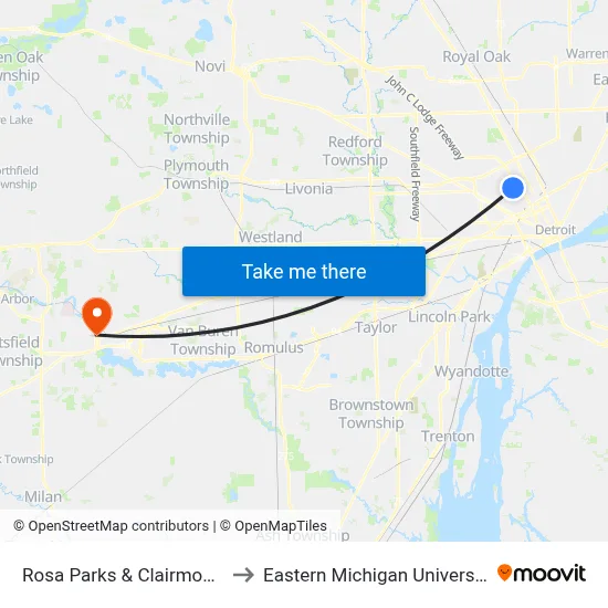 Rosa Parks & Clairmount to Eastern Michigan University map
